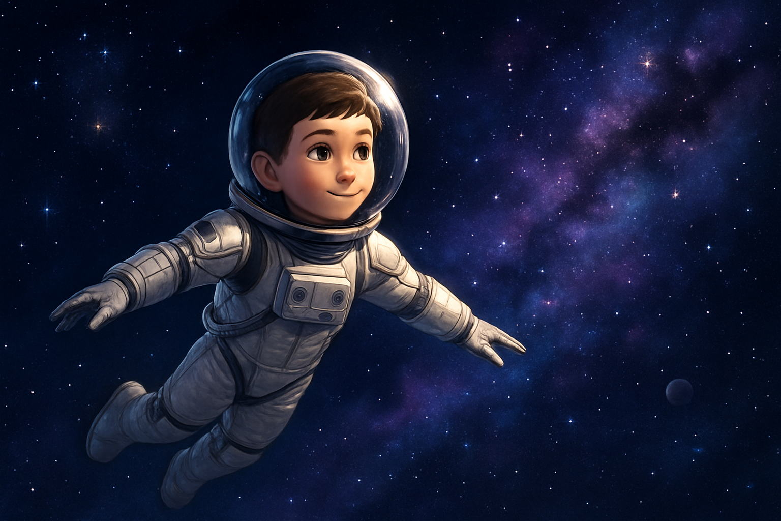 ED IS A YOUNG SPACE ASTRONAUT FLYING THROUGH SPACE. 